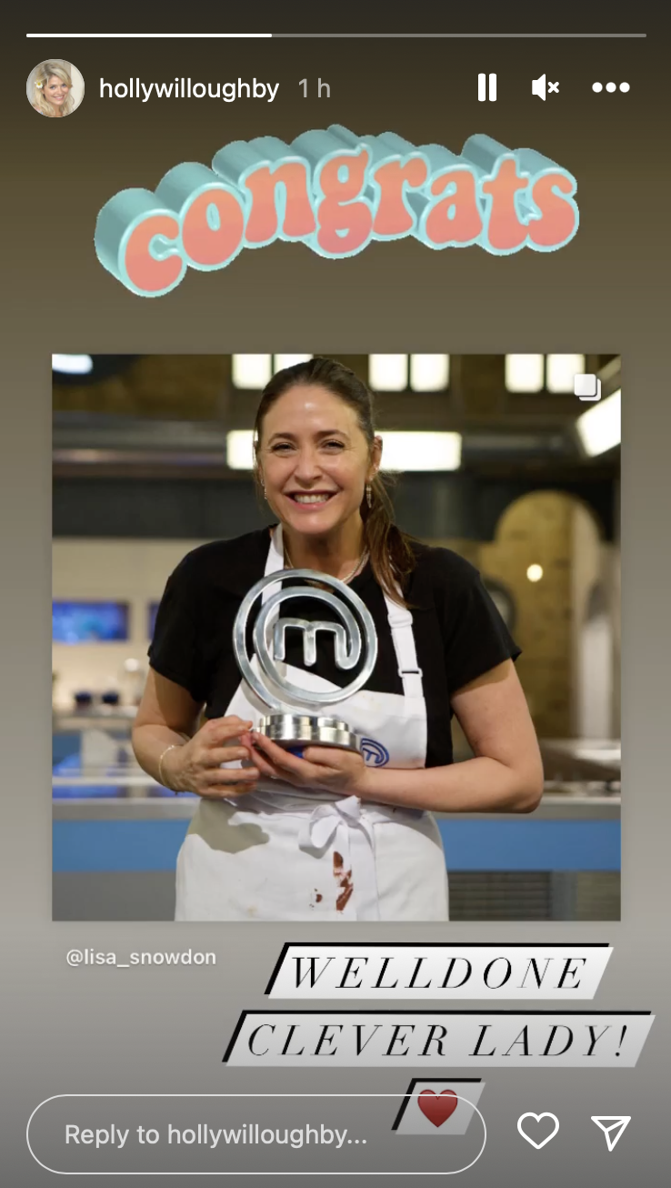 Lisa Snowden winning Celebrity MasterChef, posted on Holly Willoughby's Instagram story