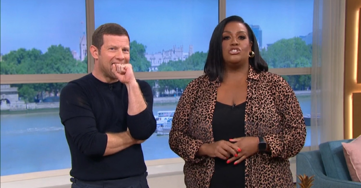 Dermot O'Leary biting his fist, Alison Hammond speaking to camera on This Morning 