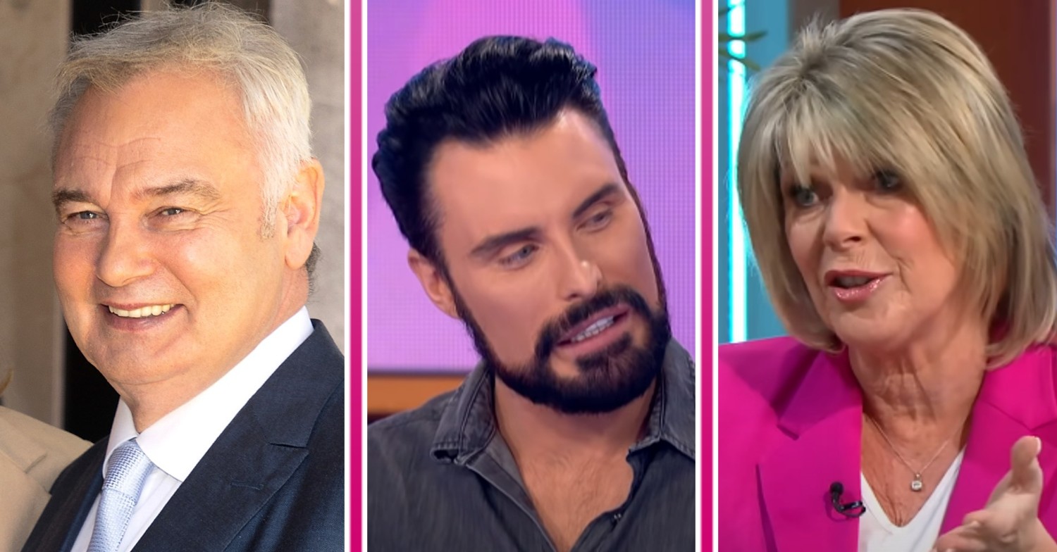 Eamonn Holmes smiling, Rylan Clark looking serious and Ruth Langsford speaking on Lorraine
