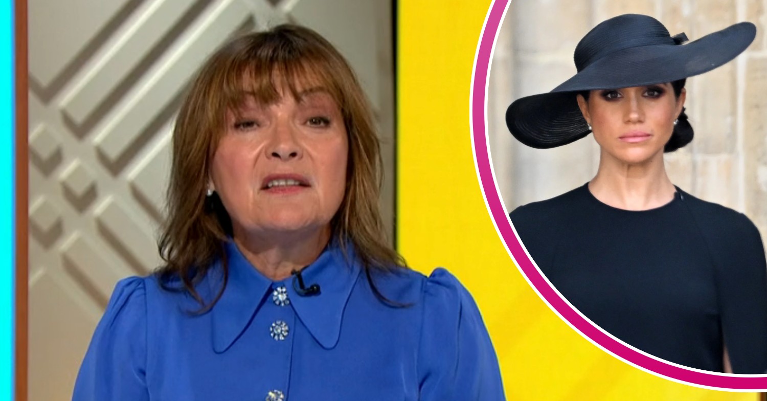 Lorraine Kelly on Lorraine today, Meghan Markle in black dress with a black hat on, looking sombre