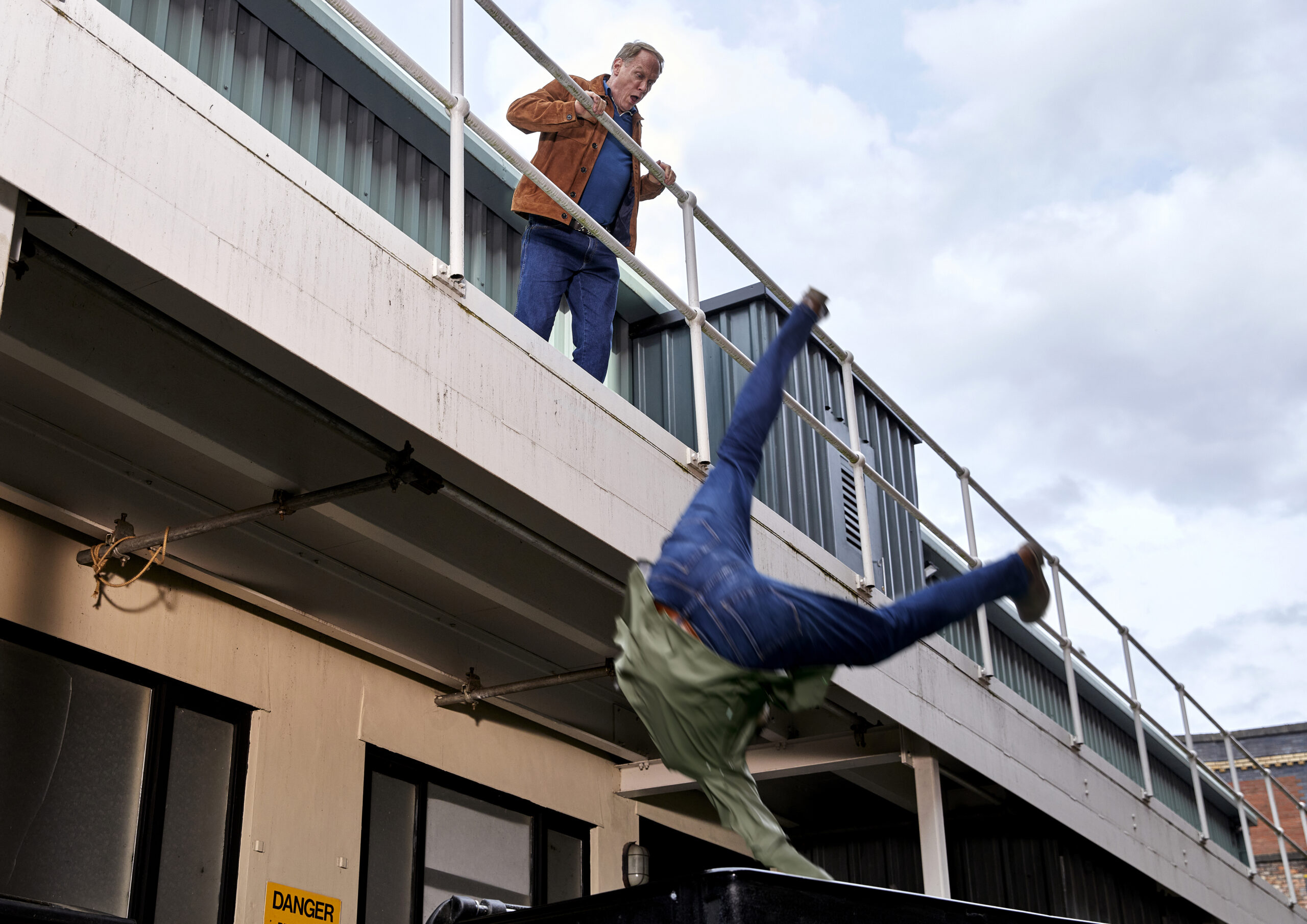 Stephen pushing Leo off the gantry in Coronation Street