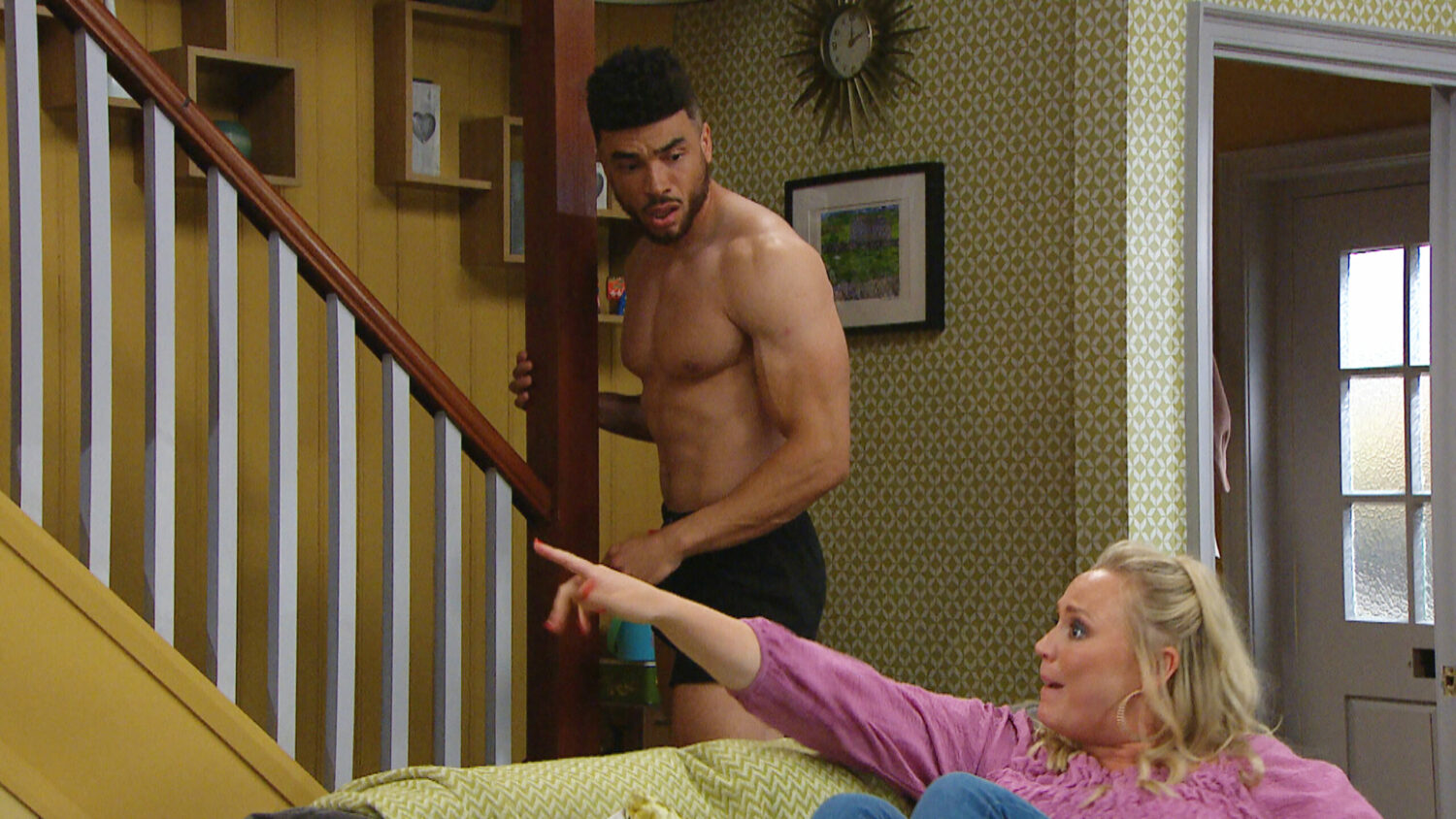 Emmerdale Nate topless and Tracy pointing at him to get out
