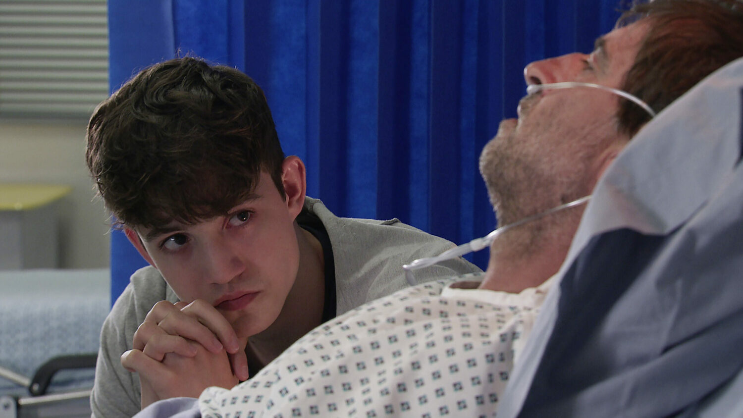 Coronation Street Aaron worried by his dad's hospital bed side
