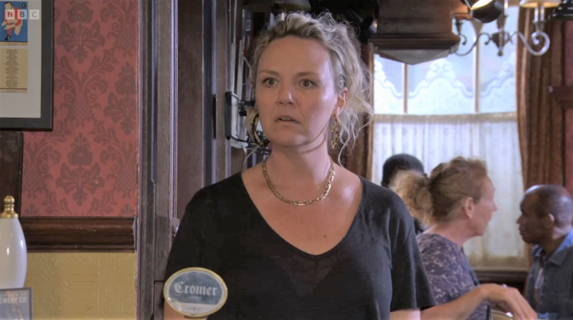 Janine Butcher looks very worried in The Vic