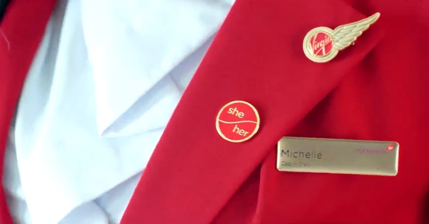 Virgin Atlantic pronoun badge