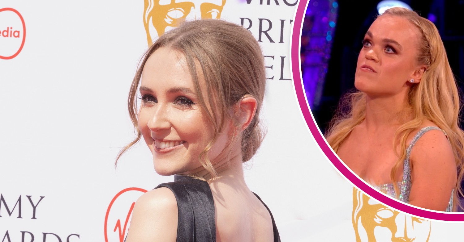 Rose Ayling-Ellis smiling and looking behind shoulder. To the right in a half circle with a pink border, Ellie Simmonds on Strictly Come Dancing