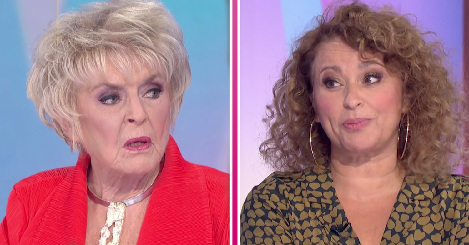 Gloria Hunniford on the right, Nadia Sawalha on the right, divided by a pink line.