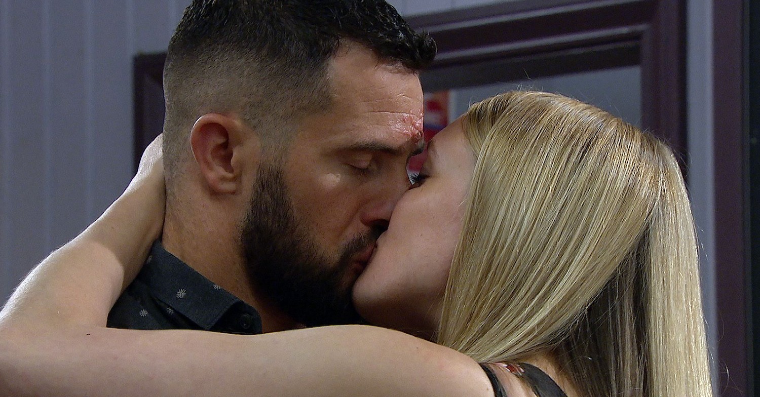 Ross Barton and Rebecca White sharing a passionate kiss in Emmerdale