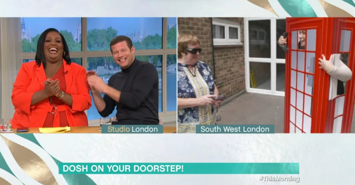 Alison Hammond and Dermot O'Leary laughing on This Morning today, Josie Gibson dressed as a phone box with Mary