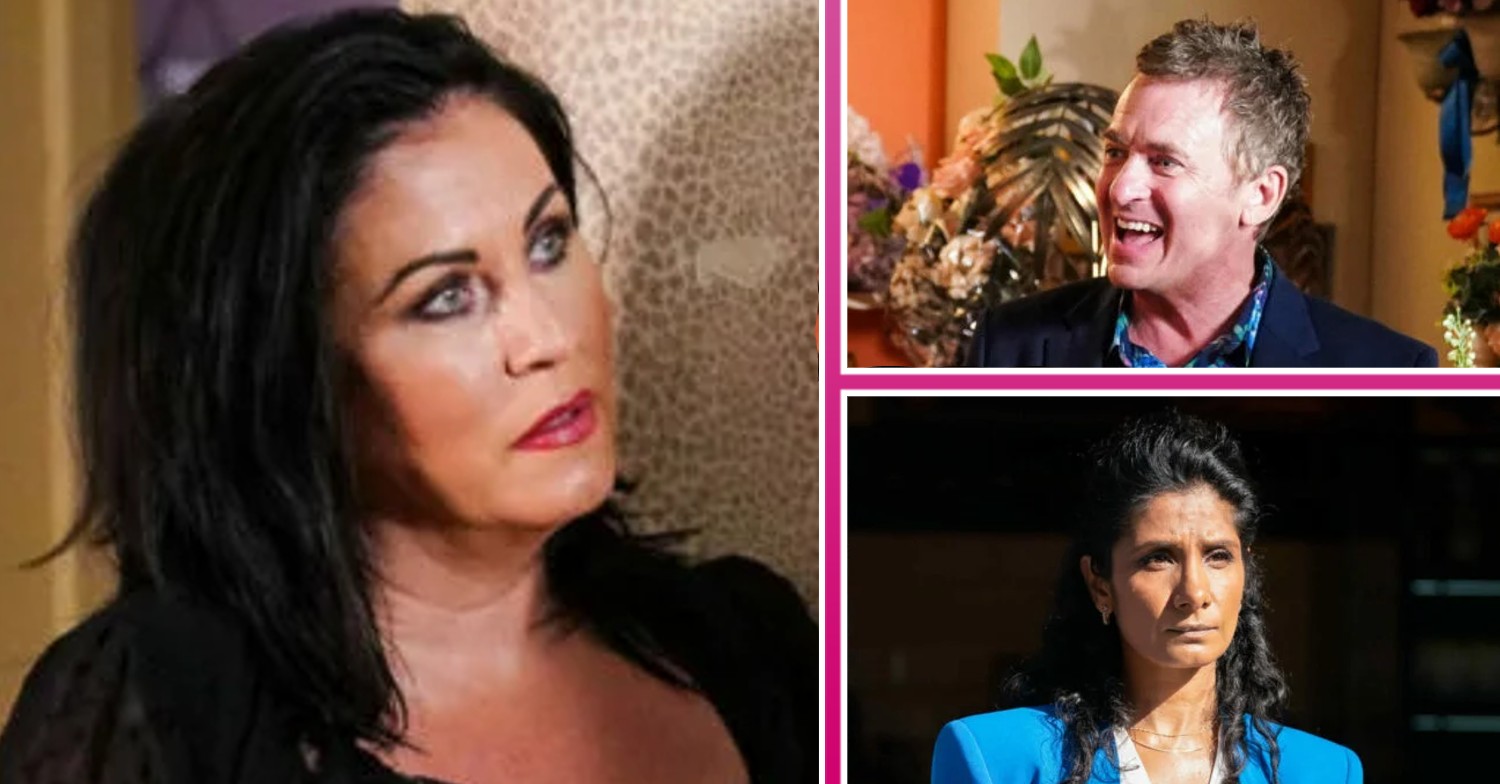 EastEnders Kat looking concerned, Alfie looking happy and Suki looking worried