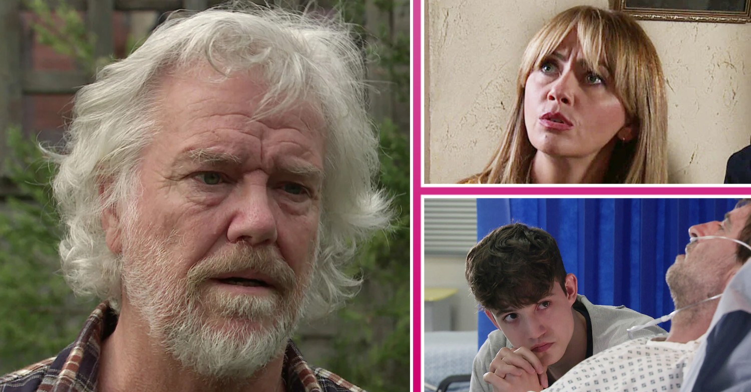 Coronation Street Stu looking angry, Maria looking concerned and Aaron at his dad's hospital bed side