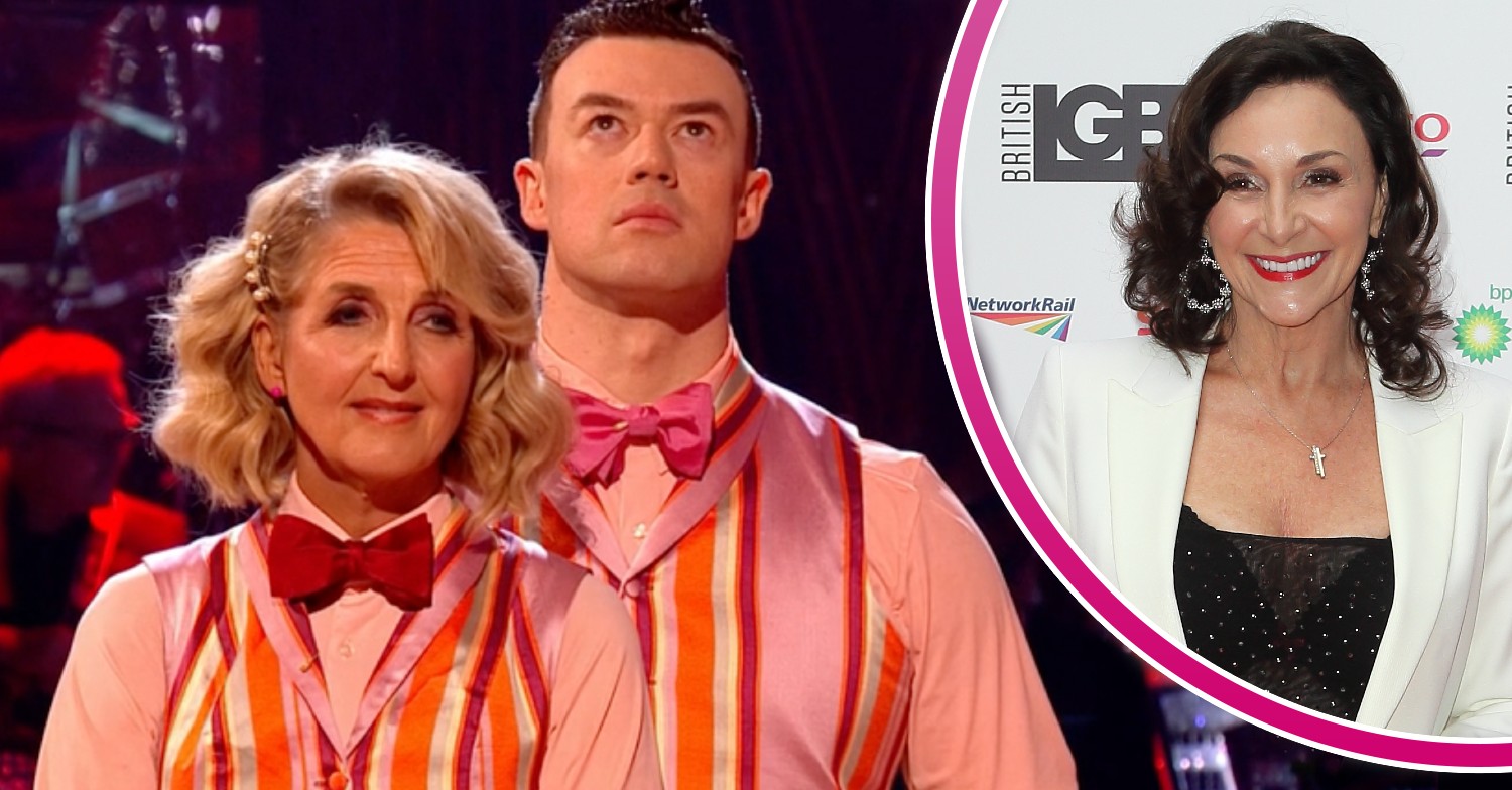 Kaye Adams and Strictly partner Kai Widdrington on Strictly. In a pink half circle border to the right, Shirley Ballas smiling.