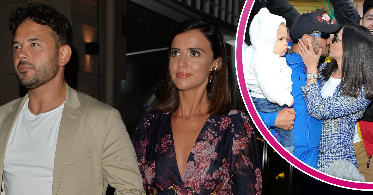 Ryan Thomas and Lucy Mecklenburgh. In smaller half circle with pink border, Ryan and Lucy with son Roman.