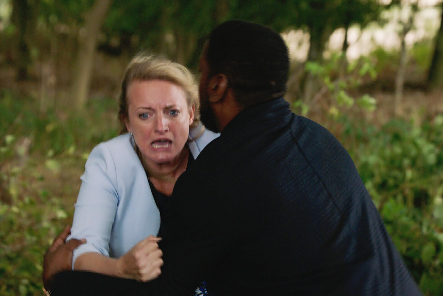 Emmerdale Nicola scared and holding on to Charles