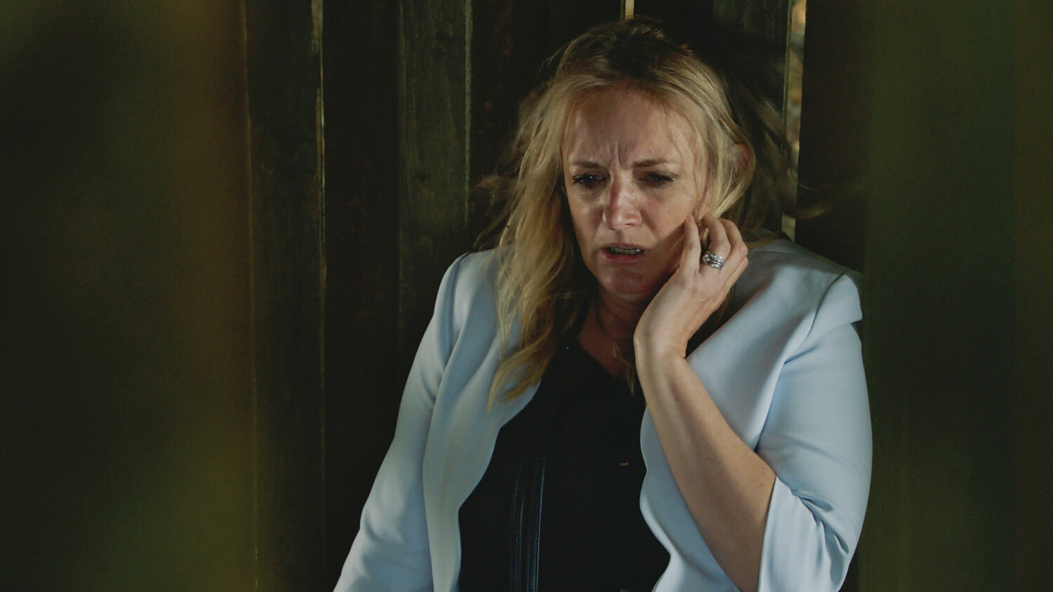 Emmerdale Nicola looking terrified