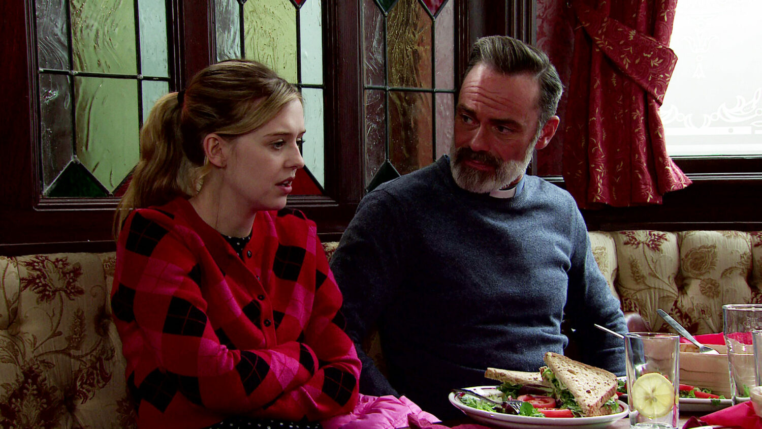 Coronation Street Summer and Billy looking unsure in The Rovers
