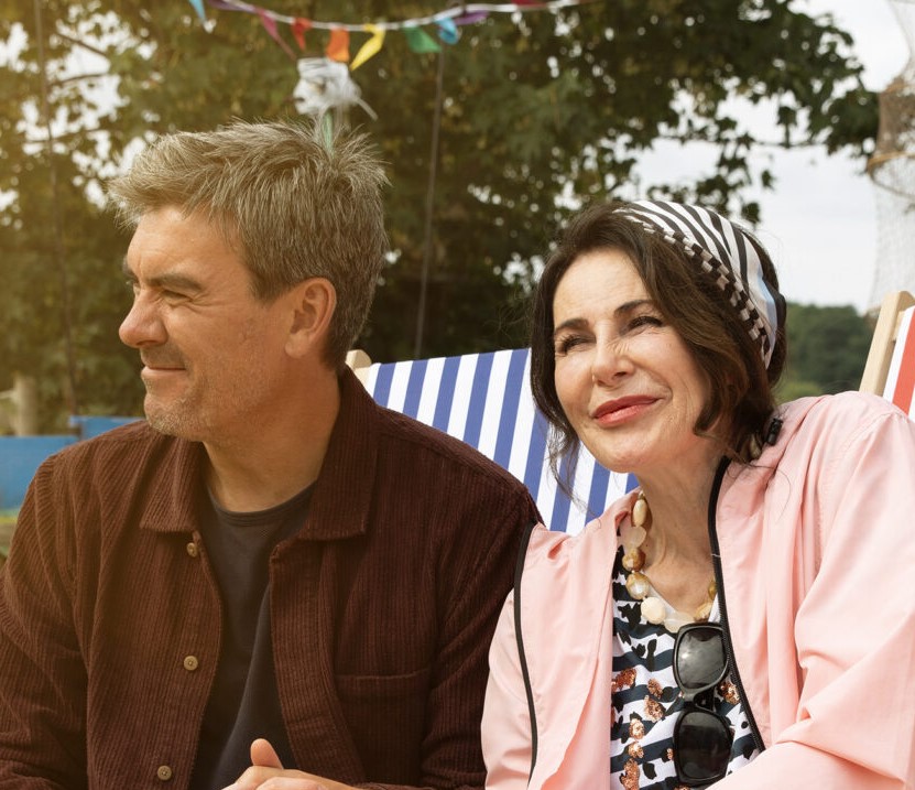 Cain and Faith smiling Emmerdale Sally Dexter Jeff Hordley