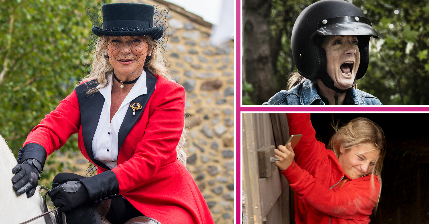 Emmerdale Kim in red jacket smiling, Harriet wearing a helmet screaming and Amelia struggling to hold on to the barn door
