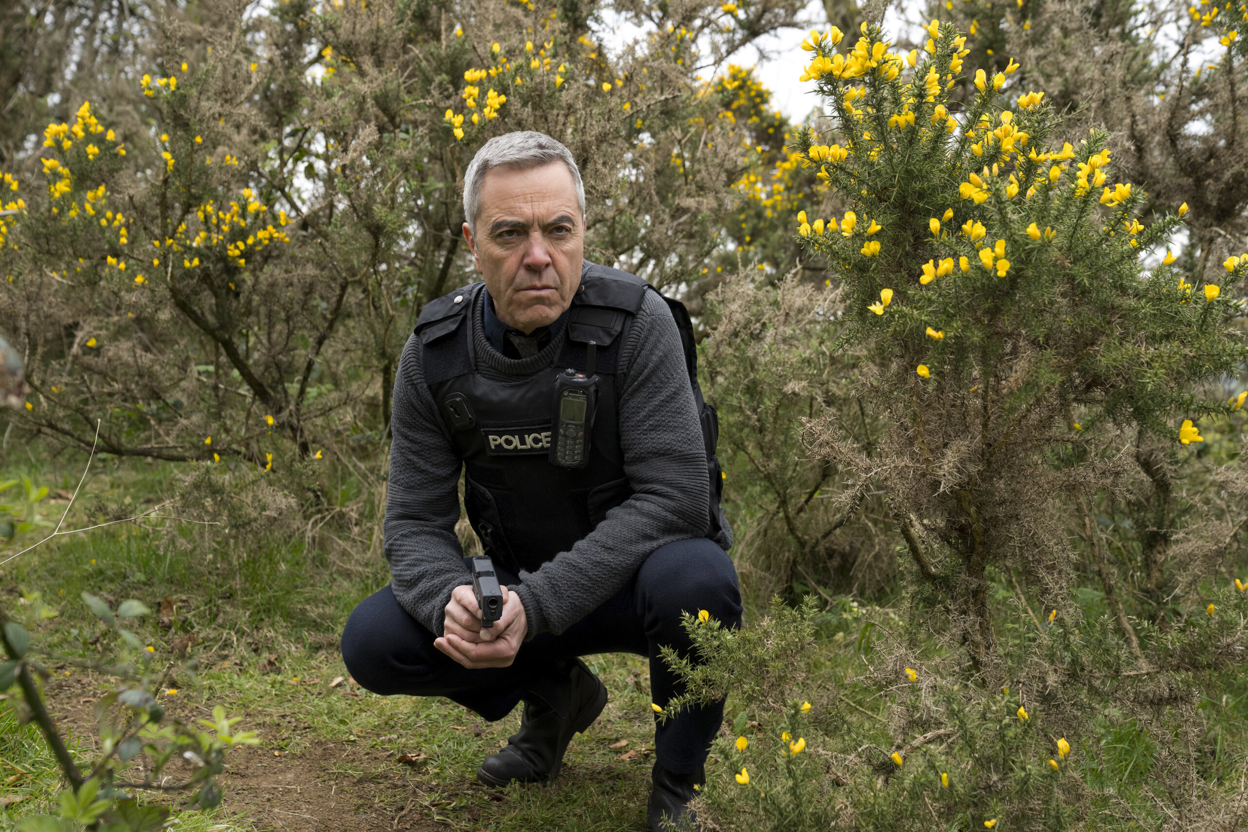 James Nesbitt as Tom Brannick in Bloodlands, he kneels down in a forest in his police uniform