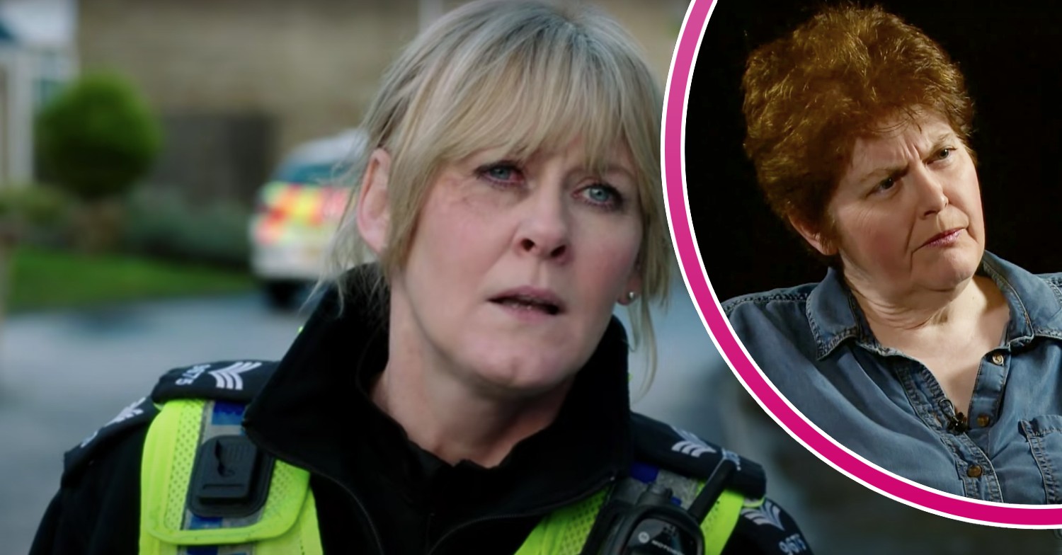 Sarah Lancashire looking shocked on Happy Valley and Sally Wainwright looking concerned