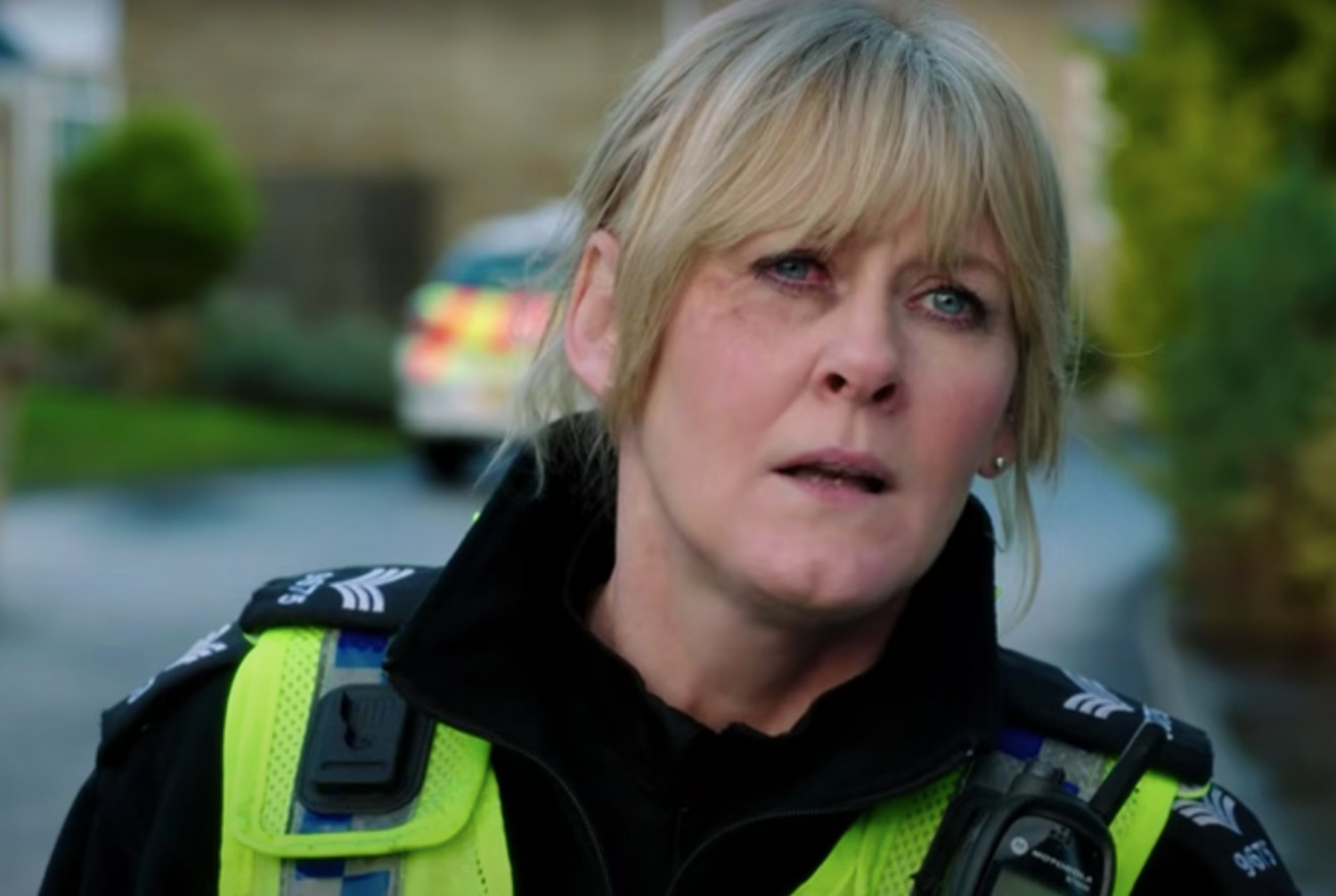 Sarah Lancashire looking upset on Happy Valley