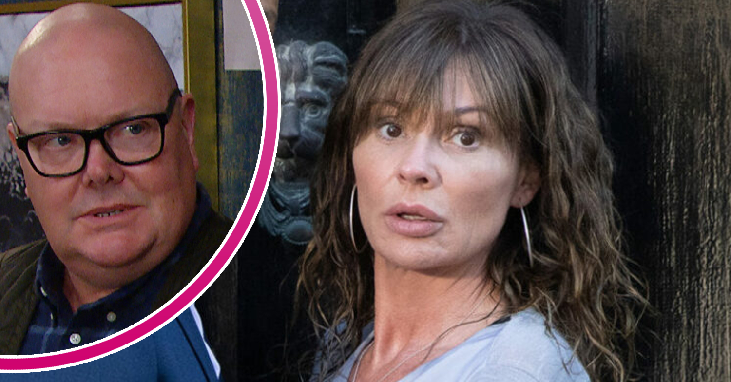 Emmerdale Paddy looking angry and Chas looking startled