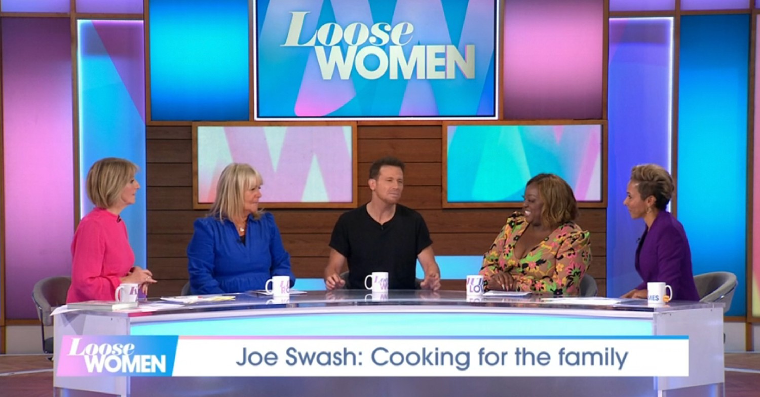 Joe Swash speaking to Kaye Adams, Linda Robson, Judi Love, Kelly Holmes on Loose Women today