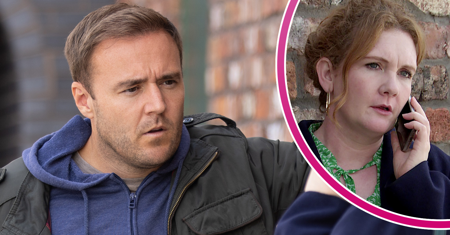 Coronation Street Tyrone and Fiz looking concerned