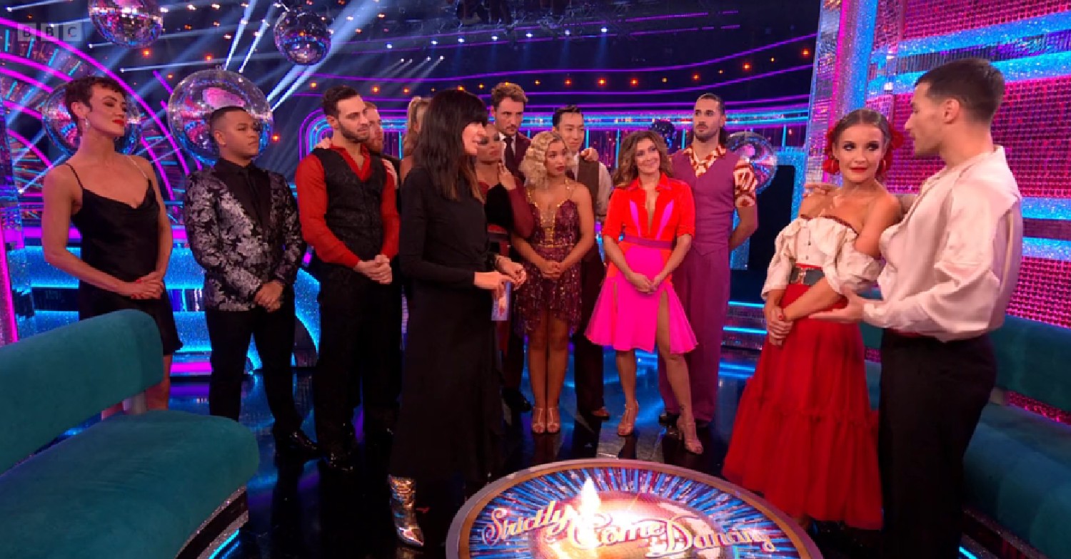 Gorka Marquez speaks to Helen Skelton in front of Strictly Come Dancing stars