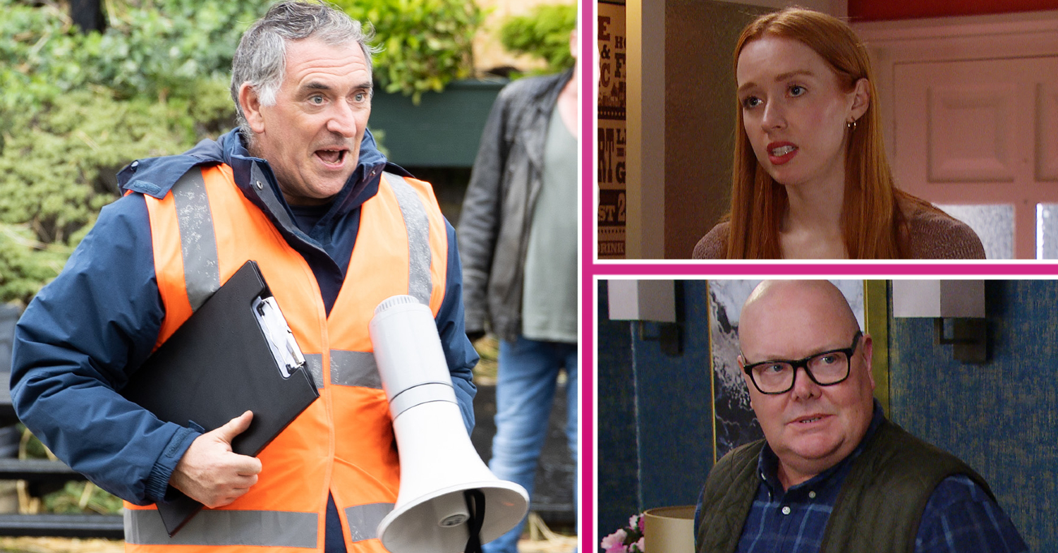 Emmerdale Bob in a high vis jacket and holding a megaphone, Chloe looking concerned and Paddy looking angry