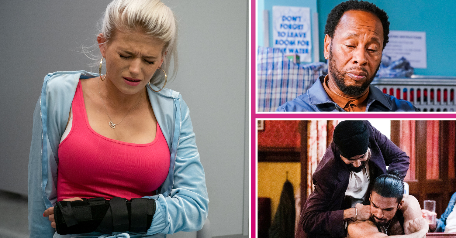 EastEnders Lola clutching stomach in pain, Mitch in the laundrette and Kheerat fighting with Ravi