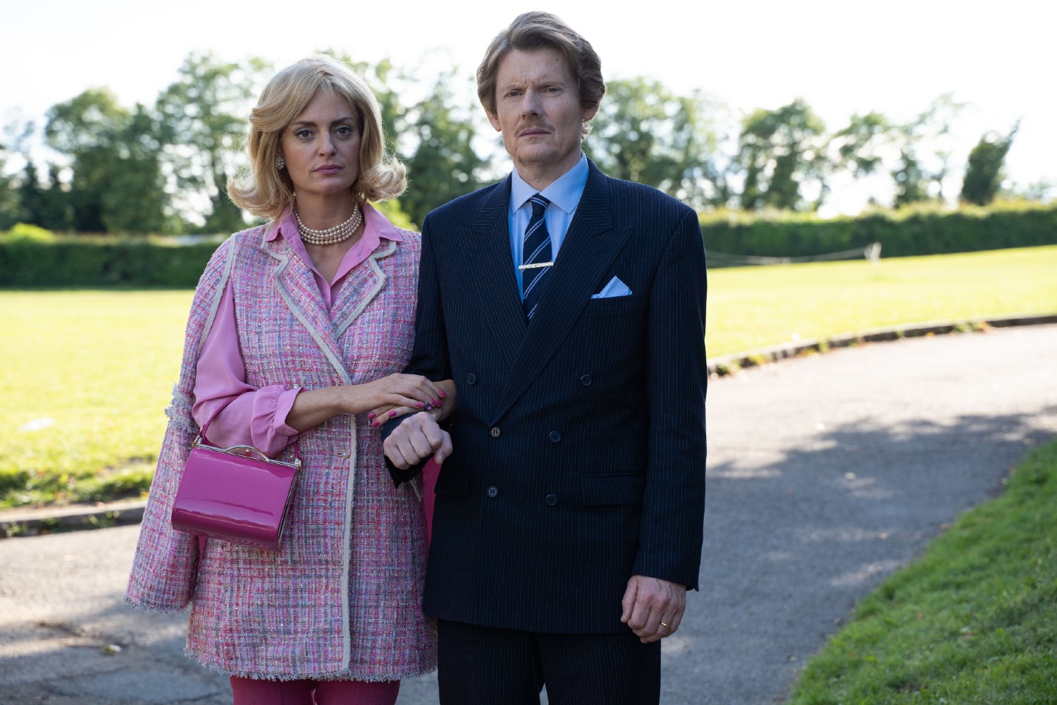 The Larkins new family Jerebohms: Morgana Robinson and Julian Rhind-Tutt linking arms in The Larkins