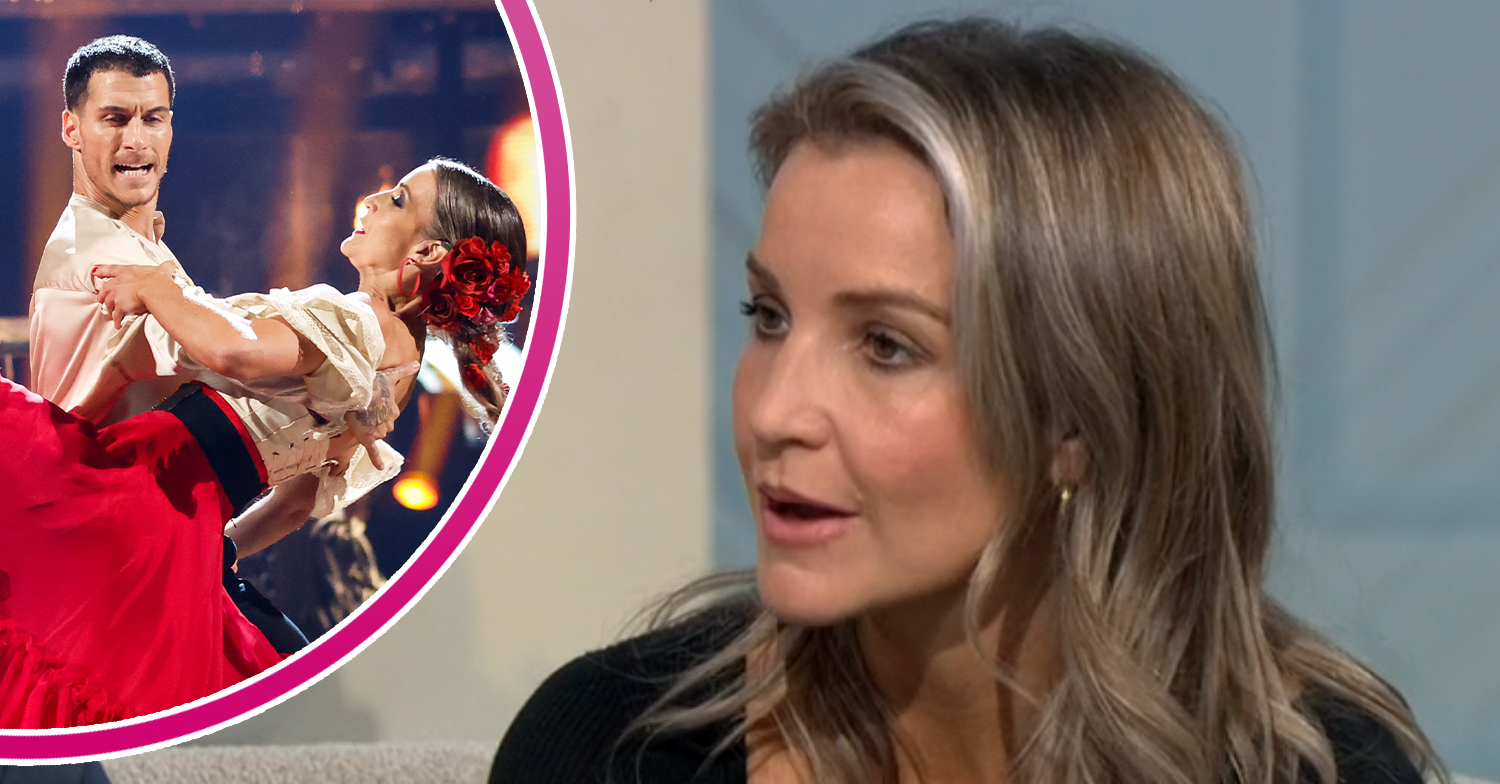 Helen Skelton being interviewed and dancing with Gorka inset