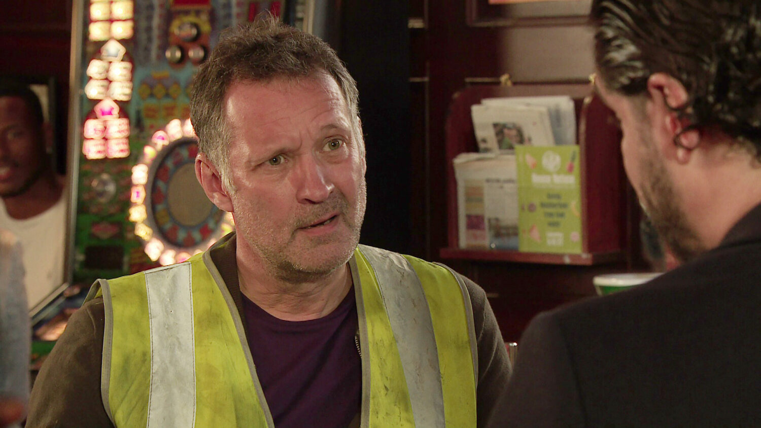 Coronation Street scaffolder looking concerned