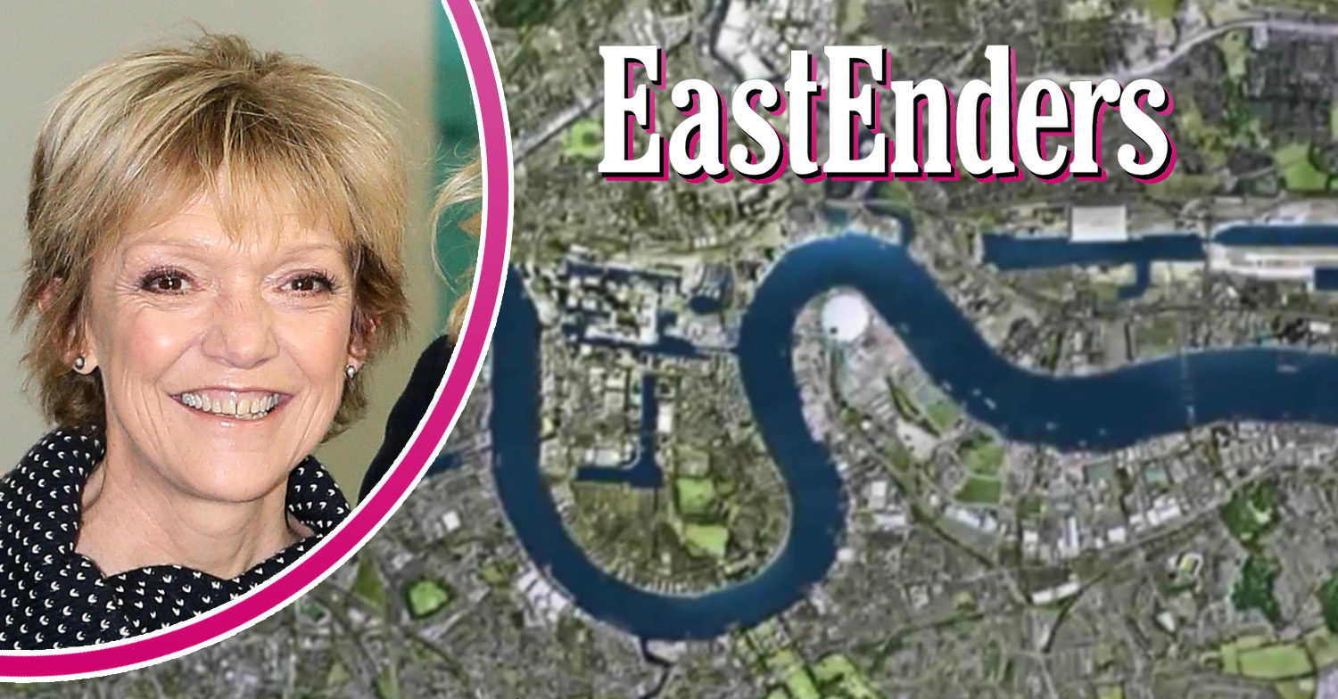 EastEnders background and logo with Gillian Wright smiling