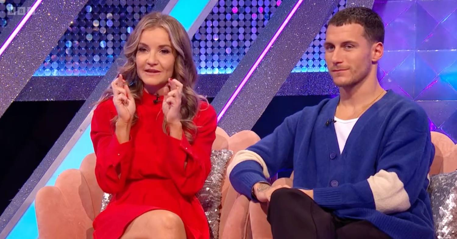Helen Skelton crosses her fingers, her Strictly partner Gorka Marquez sits next to her on It Takes Two