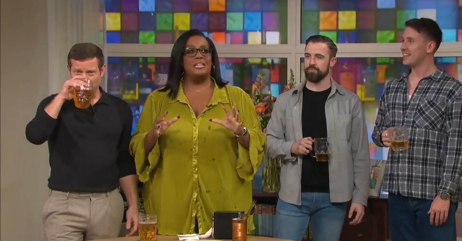 Dermot O'Leary drinking beer next to Alison Hammond on This Morning today