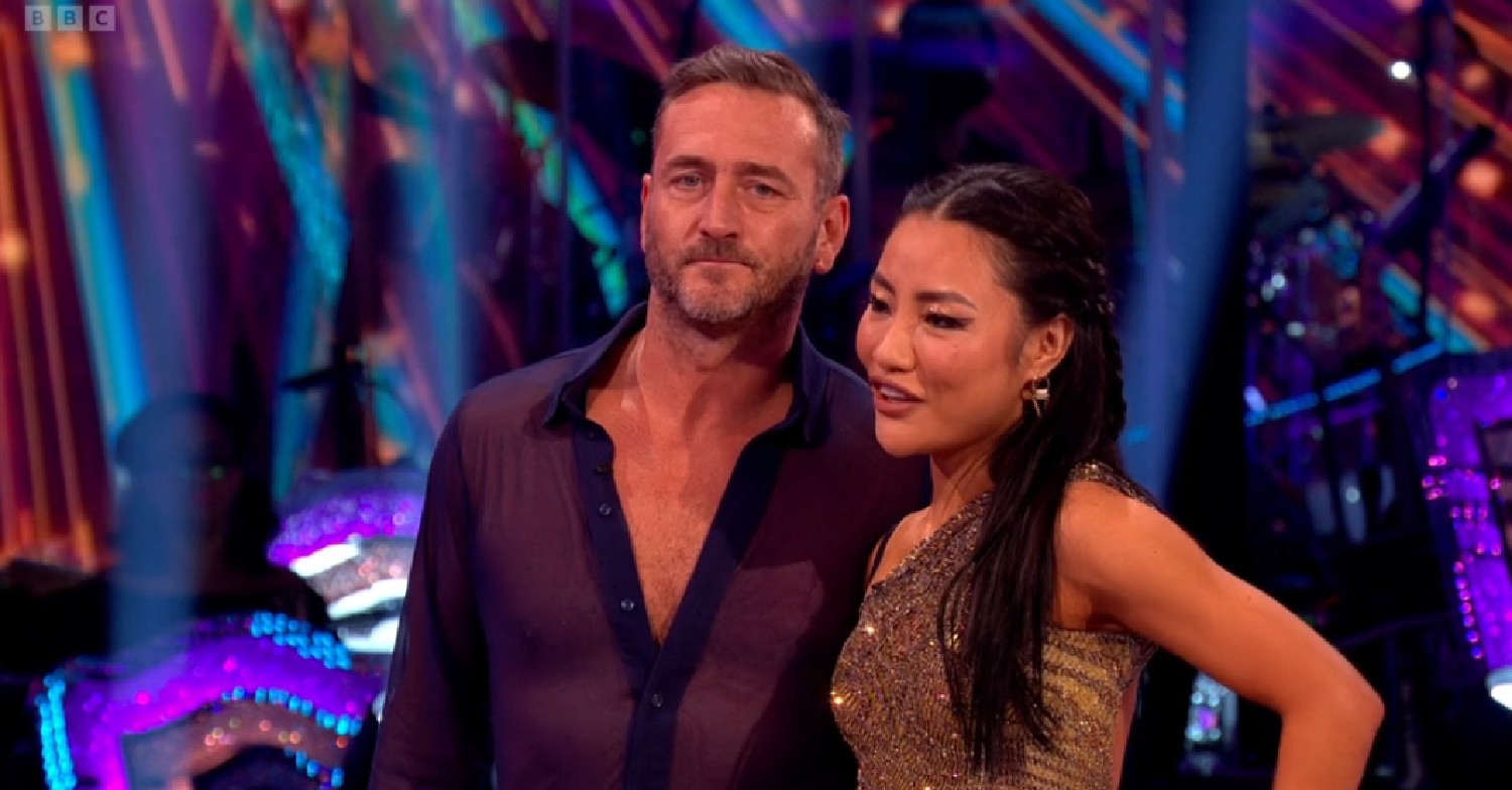 Will Mellor looking annoyed and Nancy Xu smiling on Strictly