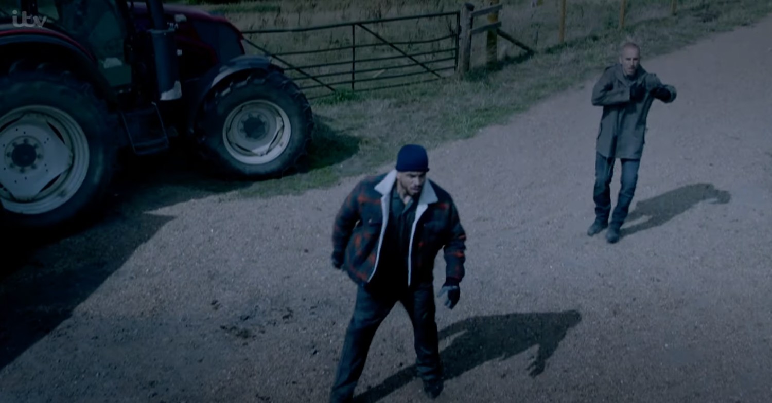 Emmerdale's Sam and Nate outside in storm as cows stampede