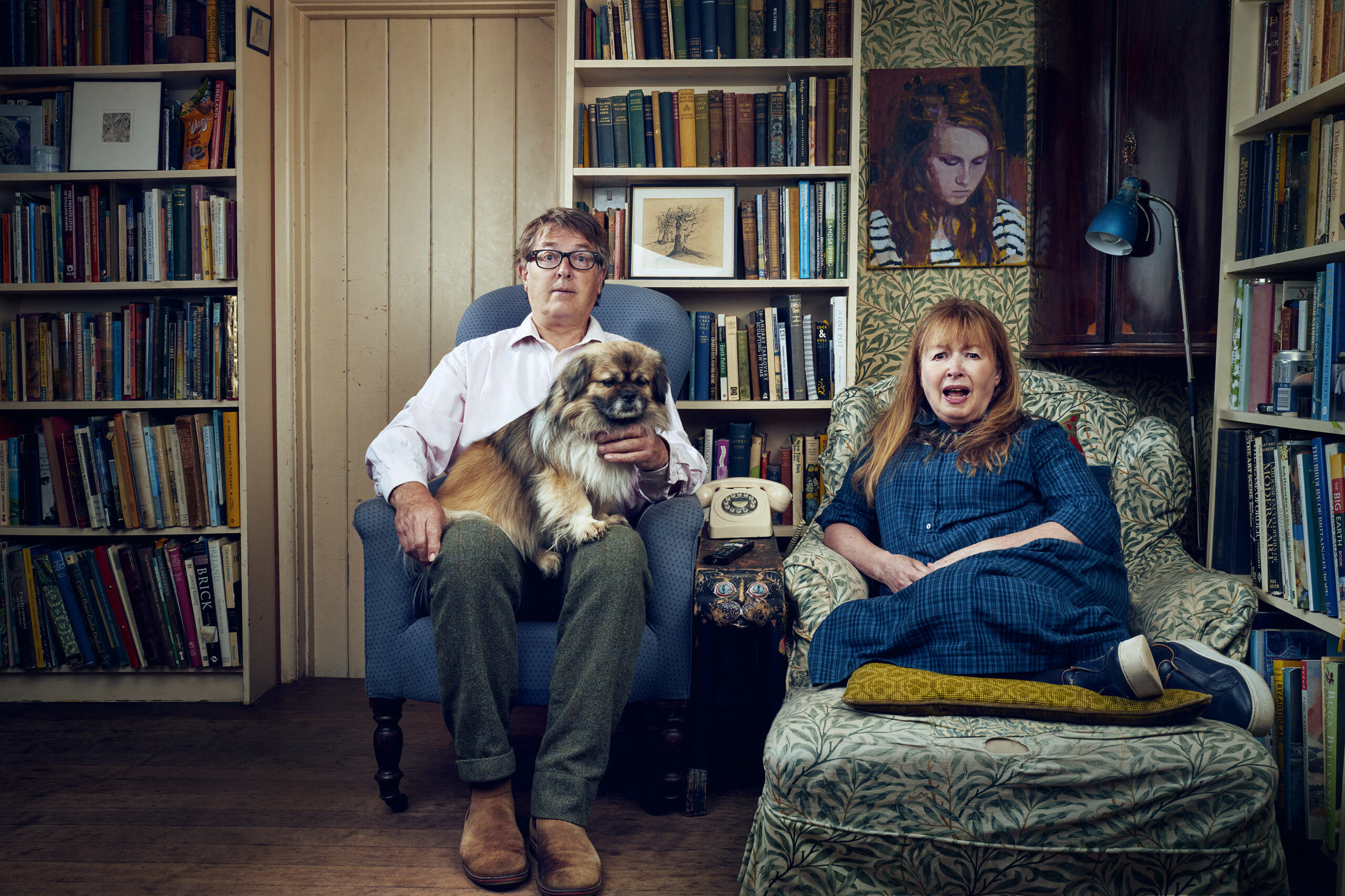 Giles and Mary sitting in their armchairs on Gogglebox