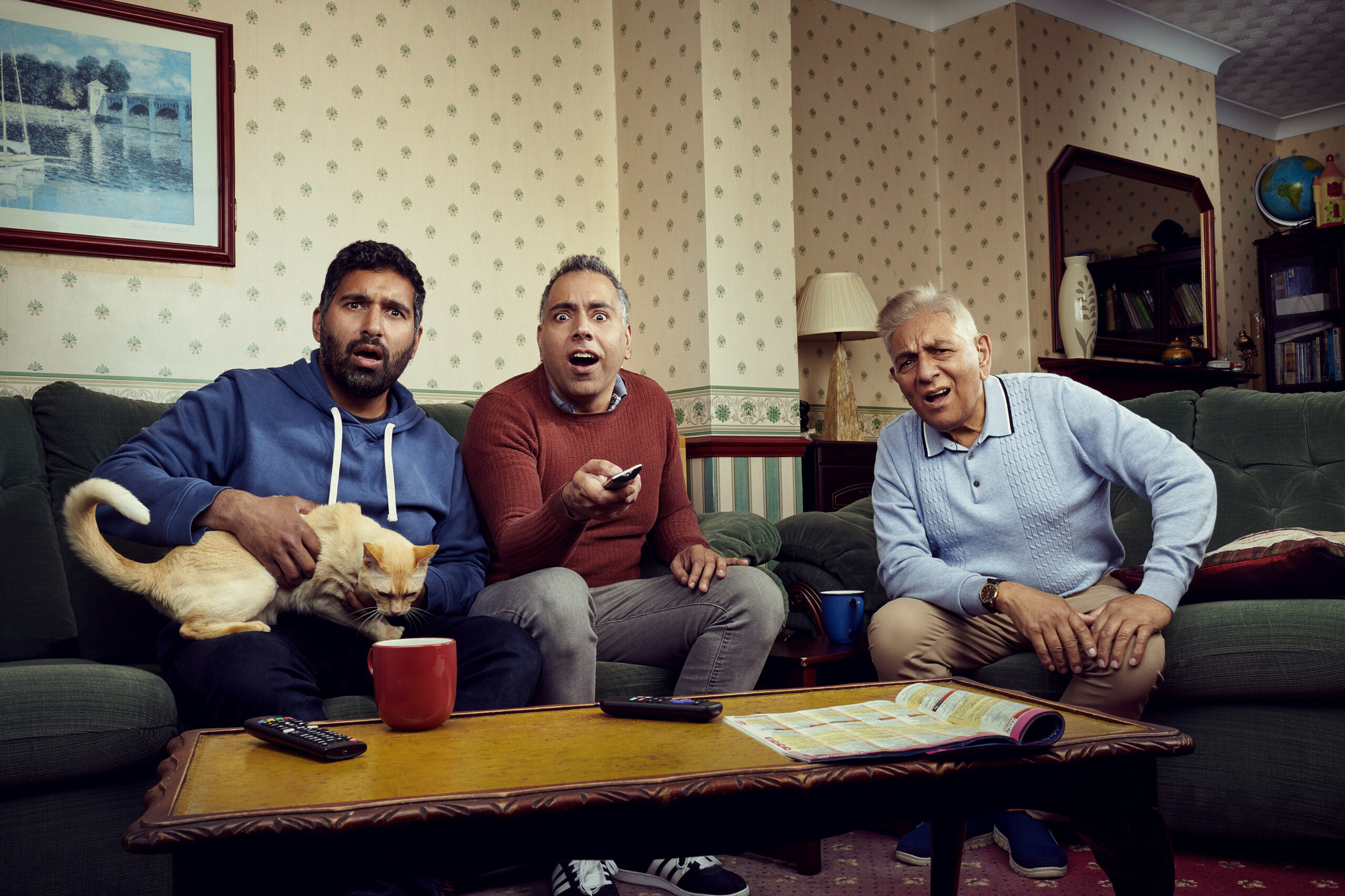 Baasit, Umar and Sid looking shocked in Gogglebox