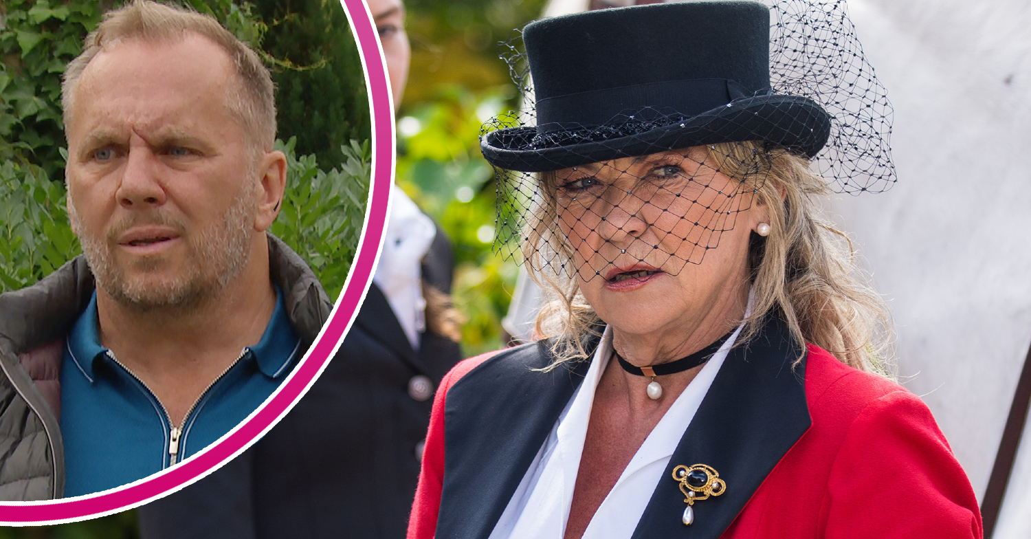 Emmerdale Will looking angry and Kim looking shocked on her wedding day