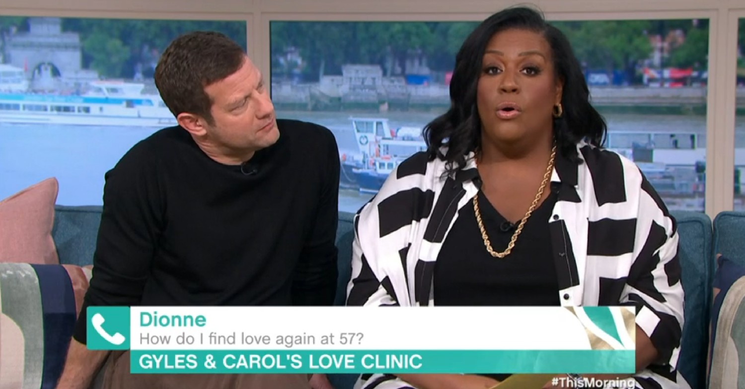Dermot O'Leary looking at Alison Hammond as she speaks on This Morning today 