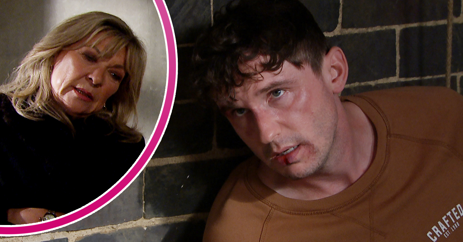 Emmerdale Kim looking angry, and Alex kidnapped