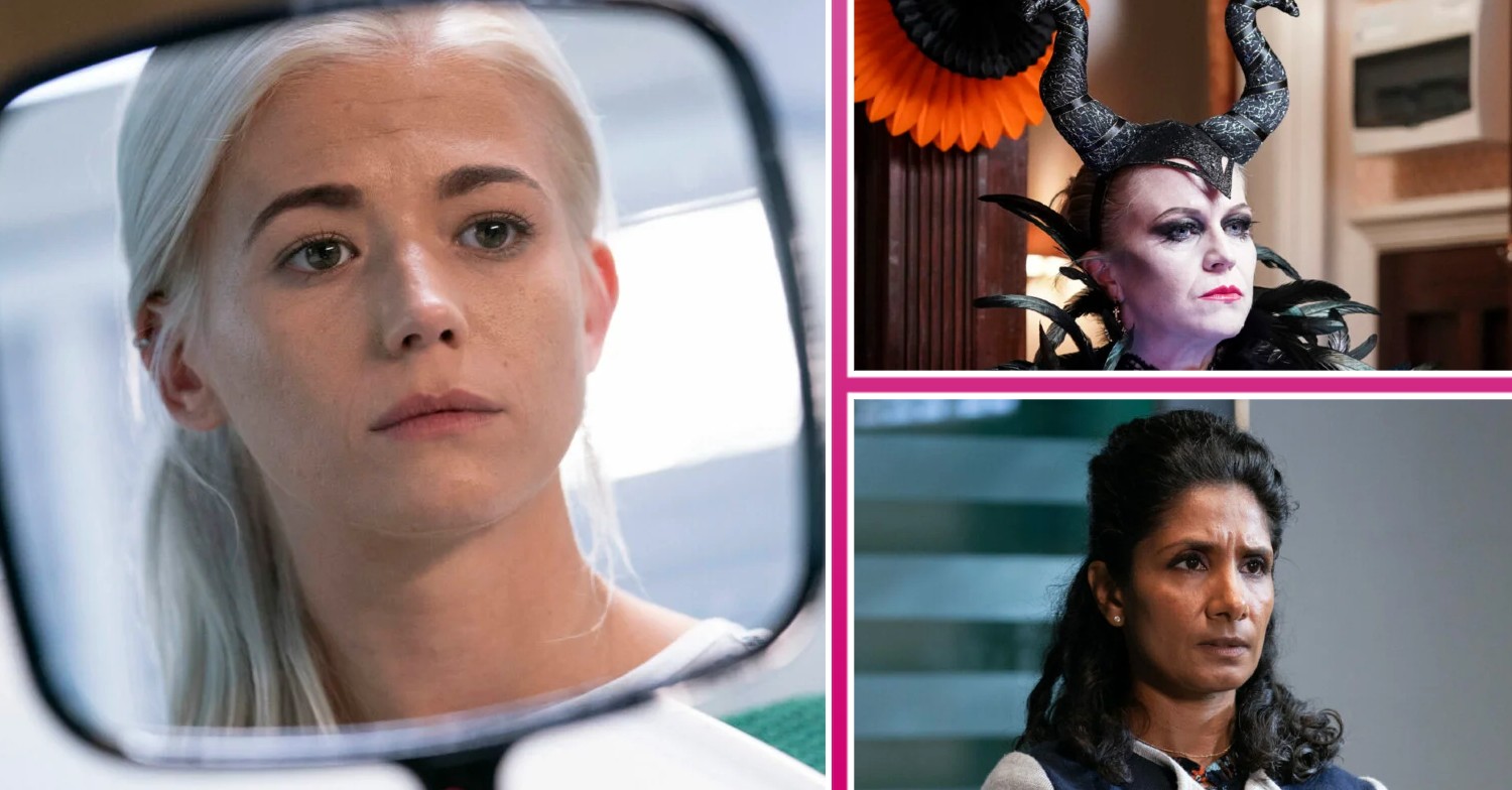 EastEnders Lola looking in a mirror, Linda in a Halloween costume and Suki looking worried