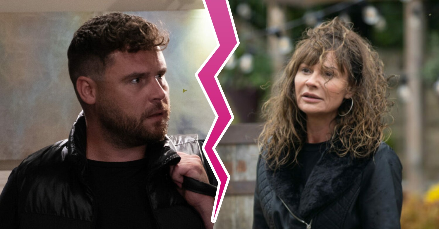 Emmerdale spoilers image showing characters Chas and Aaron separated by a crack