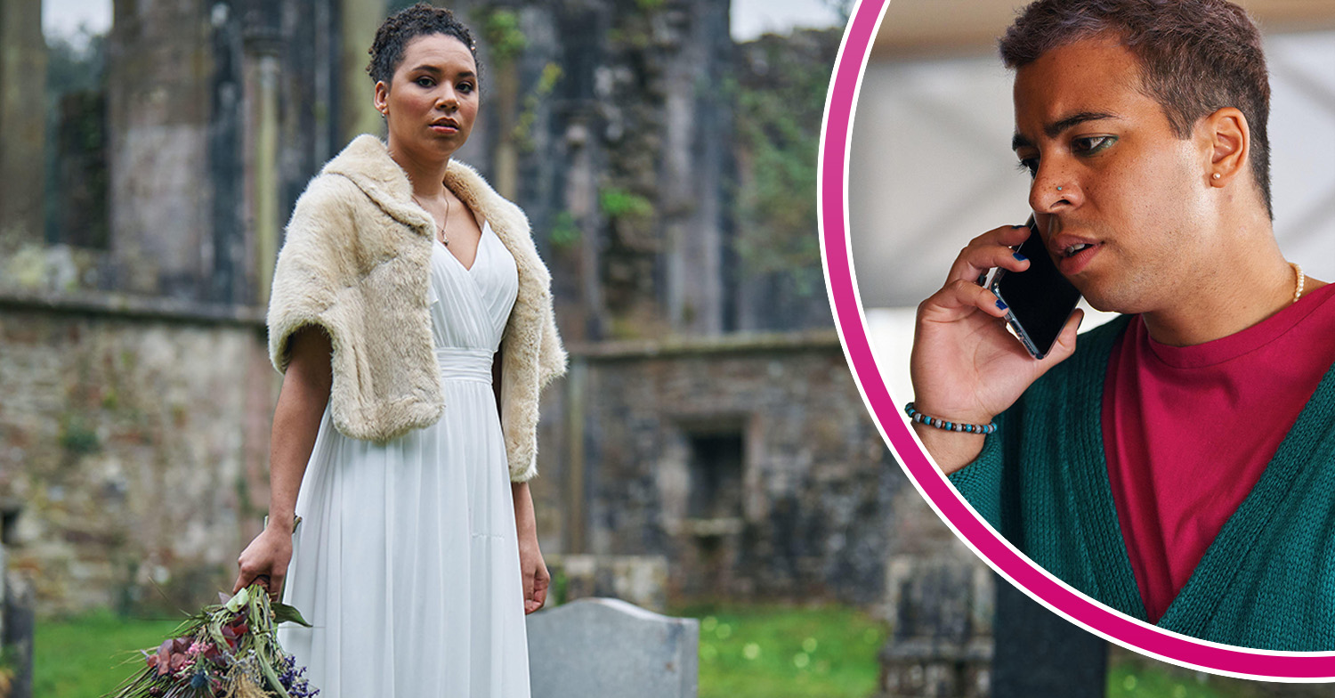 Megan stands in her wedding dress in the churchyard looking sad, with jamie inset on his phone in The Pact series 2