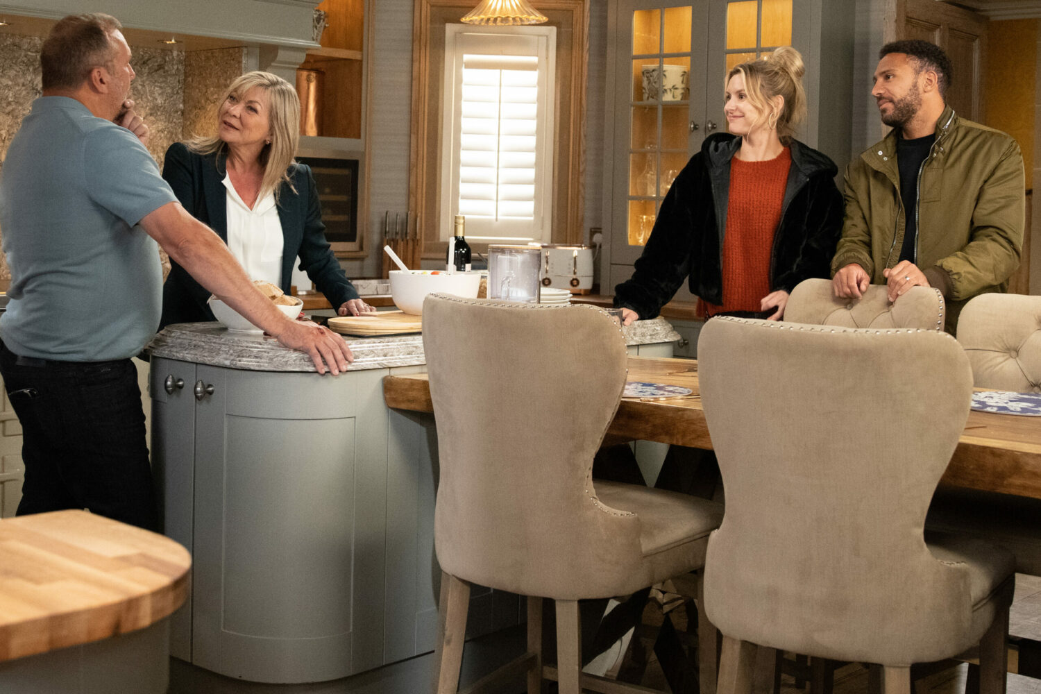 Emmerdale Kim, Billy and Dawn smiling at Will