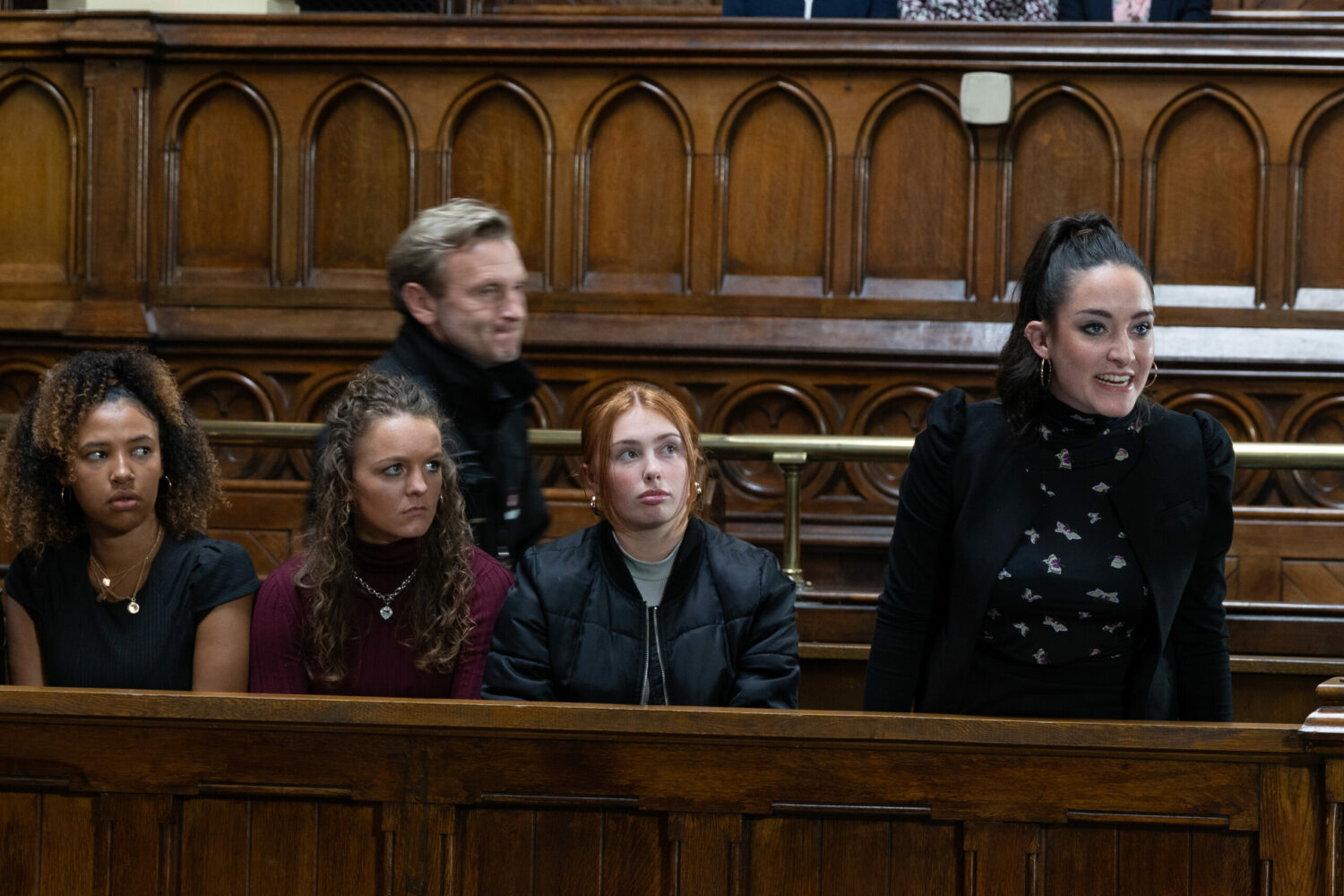 Emmerdale Saskia and friends looking angry in court