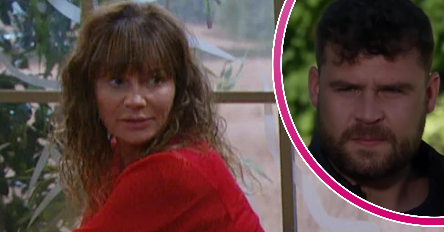 Emmerdale Chas looking suspicious and Aaron looking sad